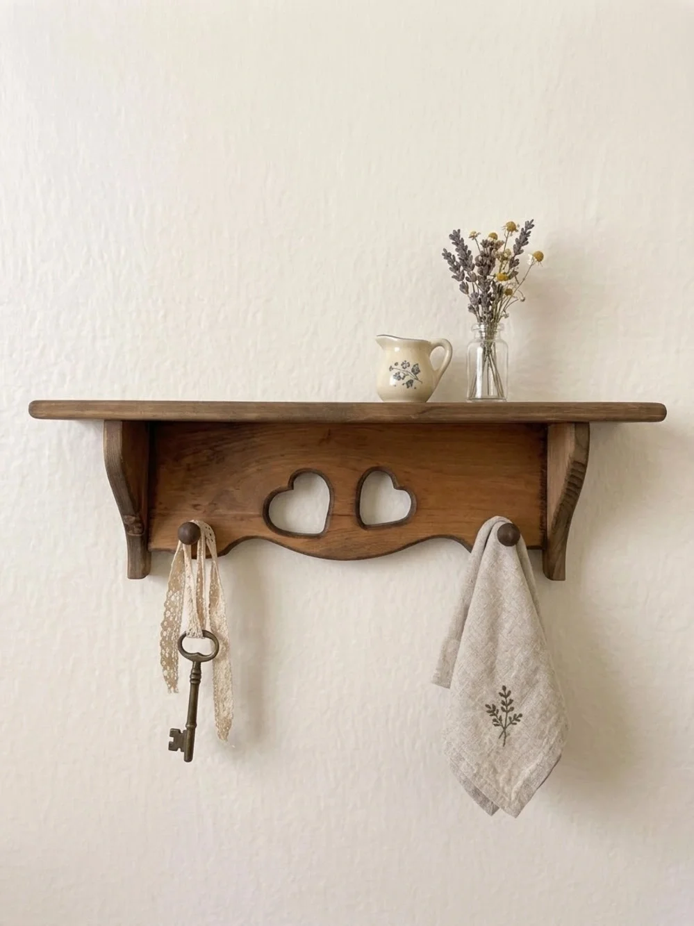 Cottage-Core Shaker Peg Wooden Heart Wall Shelf